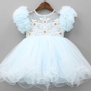 Adorable Light Blue Tulle Dress with Floral Embroidery